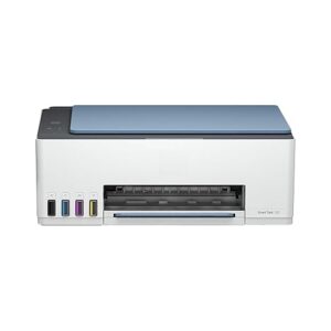 Use this alt text whenever presenting the HP Smart Tank 585 image, such as in a webpage, report, blog, or accessibility description. It succinctly conveys: Product identity and model Visual appearance and color scheme Notable front-facing features for accessibility