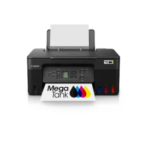 A compact Canon PIXMA MegaTank G3770 all‑in‑one inkjet printer in black, with its rear paper input tray raised and a sheet of paper visible feeding into the top. On the front, there's a small 1.35″ LCD screen and a row of plastic control buttons beneath. Four transparent front‑mounted ink tanks (for black, cyan, magenta, yellow) are visible on the lower right side. A color printout protrudes from the output slot in front. The printer has a modern, minimalist rectangular shape with softly rounded edges and a matte finish. If you're working with a red or white variant instead of black: